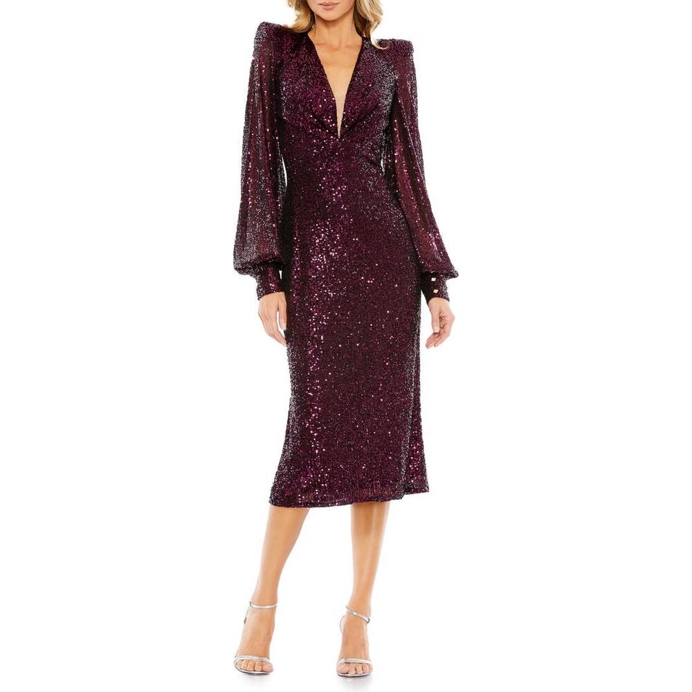 Mac Duggal Magenta Sequin Puff Sleeve V-Neck Long Sleeve Midi Dress Size 16